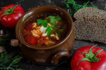borsch in a clay pot with sour cream, brown bread and fresh herbs