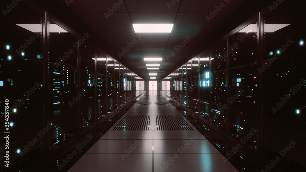 Poster big data servers. data solutions. server room with working flickering panels behind the glass. data 