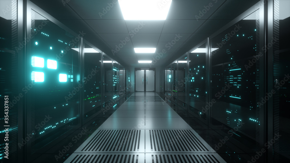 Poster endless flight on server blocks. data center and internet with opening doors. server rooms with work