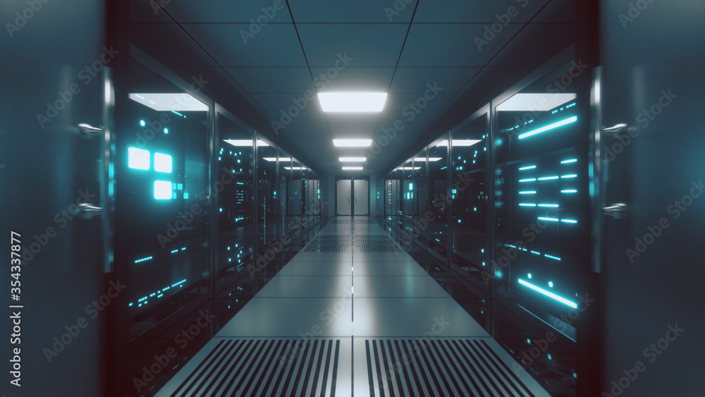 Poster endless flight along server blocks. data center and internet. server rooms with working flickering p