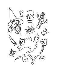 Obraz premium Vector set halloween.Clip art illustrations by the black line doodle hand drawn.Scary pumpkin,mystical signs,python,rabbit foot,wizard hand with wand.Design for invitations,web,packings,social media.