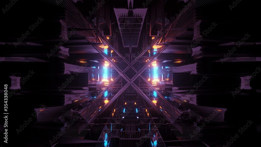 Poster graphic illustration of 3d rendered futuristic colorful geometric objects and patterns in the dark