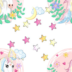 seamless pattern with cute unicorns, clouds,rainbow and stars. Magic background with little unicorns.