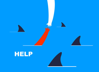 Help and empathy concept two hands helping one another to get out from sea full of sharks vector simple minimal illustration, care give aid, friendship understanding, support.