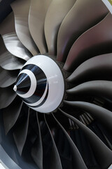 Close-up of a large jet engine turbine blades