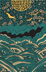 Seascape doodle illustration. Trippy colorful landscape artwork. Psychedelic doodle line art. Seagulls in the sky. Ocean waves. Vector illustration