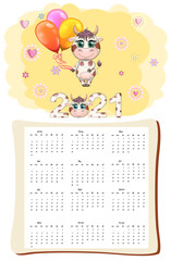 White ox calendar or planner for 2021 with cartoon bull, new year symbol, cover and 12 monthly pages