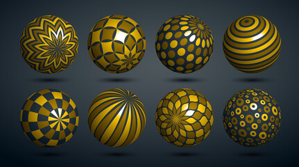 Abstract golden spheres vector set, collection of balls decorated with patterns, 3D mixed variety realistic globes with ornaments collection.