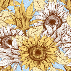 Pastel Sunflowers field seamless vector pattern for fabric textile design. Flat colors, easy to print. Line art colored yellow blue wildflowers with pastel orange leaves silhouettes.Sunflower Bloom