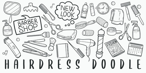 Hair Dress Saloon Doodle Line Art Illustration. Hand Drawn Vector Clip Art. Banner Set Logos.