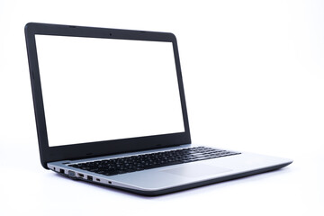 Isolated laptop with blank screen on white background.