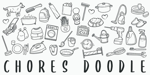 Home Chores Doodle Line Art Illustration. Hand Drawn Vector Clip Art. Banner Set Logos.