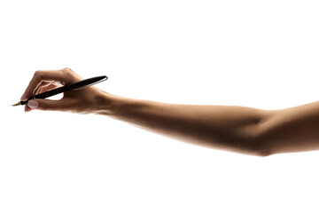 A young woman's hand is holding pen isolated on a white background