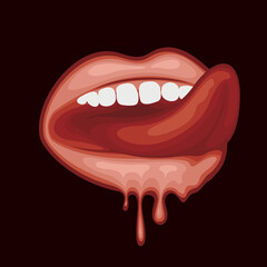 Vector banner with sexy female mouth that drips drops on a black background. Sensuous open mouth, tongue licking her lips. Wet lips, tongue, and teeth of young girl or woman. T-shirt or tattoo design