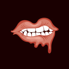Vector banner with a human mouth that drips drops on a black background. Decorative illustration with a mouth and beautiful white teeth. Wet, red lips of a woman or man. T-shirt or tattoo design