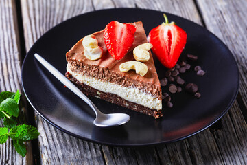 Unbaked vegan chocolate tart of two layers
