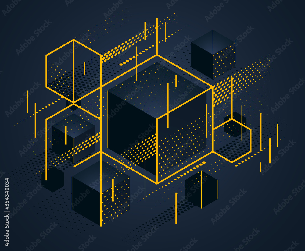 Poster abstract vector design with cluster of black 3d cubes with golden elements vector background, royal 