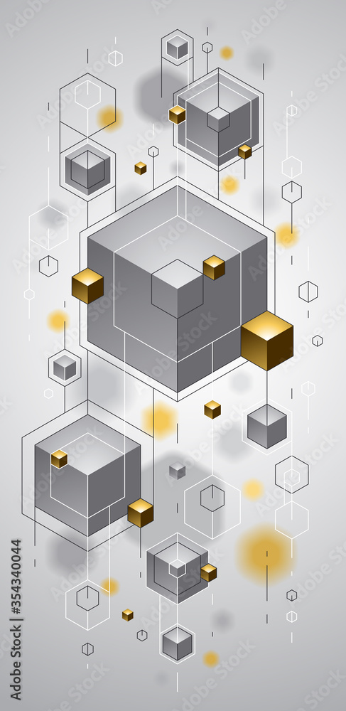 Poster basic abstract vector design with cluster of 3d cubes with golden elements vector design, luxury or 