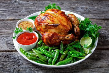 rotisserie chicken with fried pods of peas
