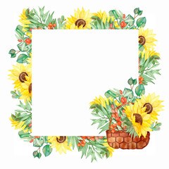 Watercolor hand painted nature garden floral squared border frame with yellow sunflower, orange sea buckthorn and green eucalyptus leaves on branches in wicker basket for invite and greeting cards