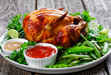 whole roast chicken on a white platter