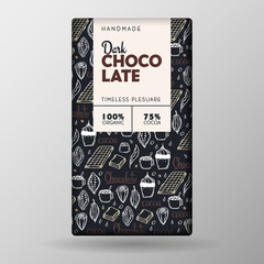 Dark Chocolate Bar Package Design With hand draw doodle background. Vector template.