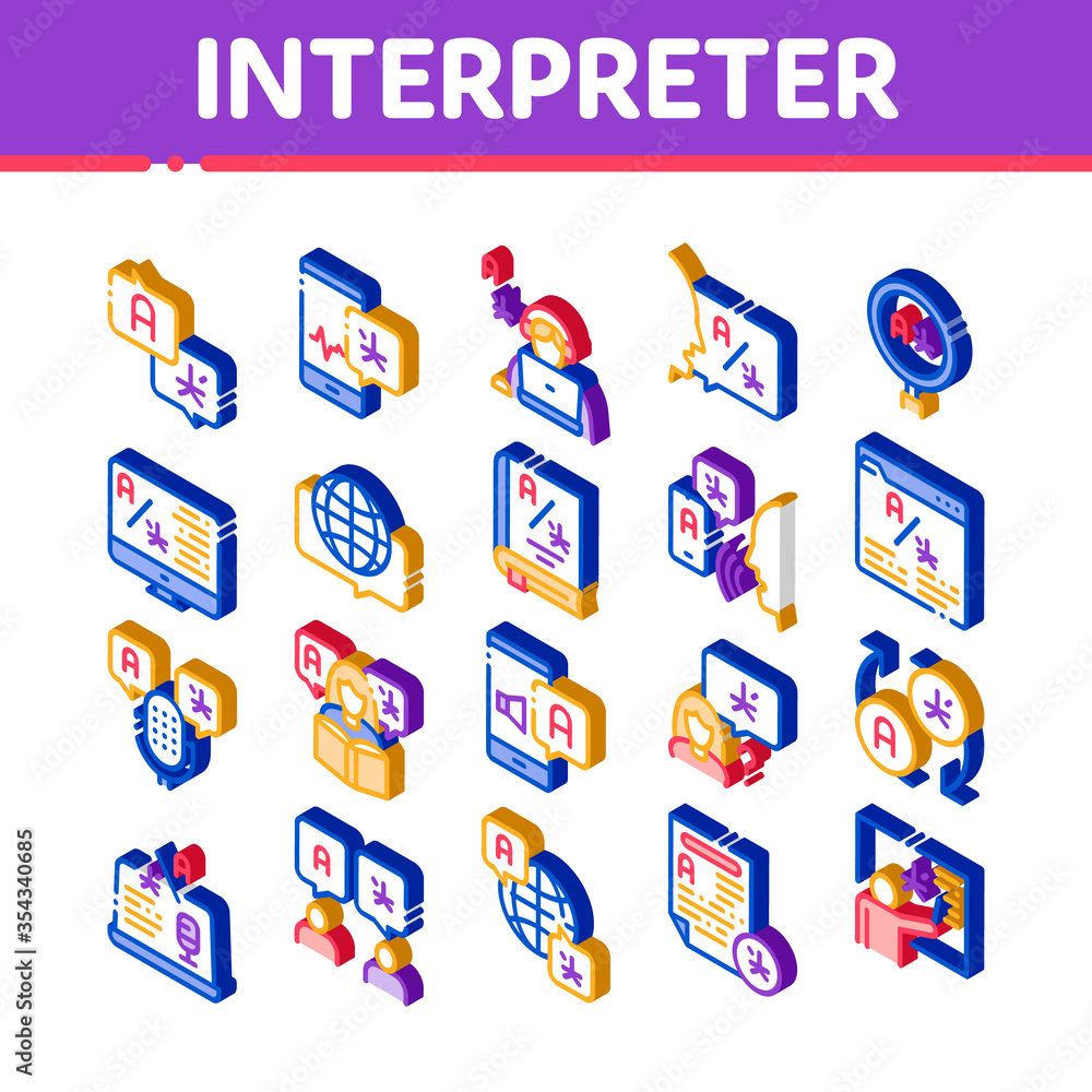 Poster interpreter translator icons set vector. isometric interpreter in smartphone and web site, laptop an