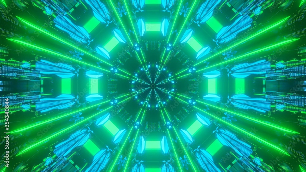 Poster graphic illustration of 3d rendered futuristic green and blue geometric objects and patterns