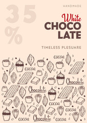 Chocolate poster with hand draw doodle background. Simple sketches of different kinds of cocoa and chocolate production.