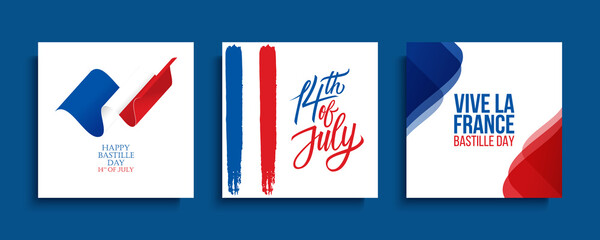 Bastille Day, 14th of July holiday celebrate cards set with national flag of France, brush strokes and hand lettering. Vector illustration.