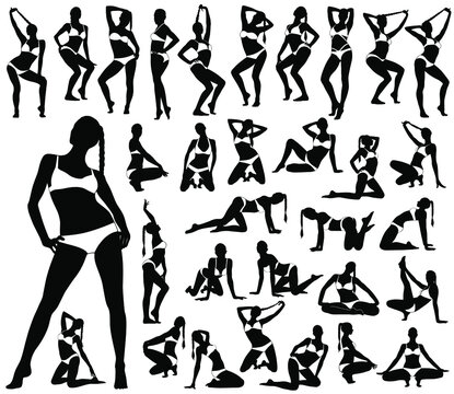 Big set of vector silhouettes of sexy pinup girls in bikini. Icons of beautiful  woman with long tress in sitting, standing and dancing poses. Beauty and fashion models isolated on white background.