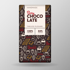 Berry Chocolate Bar Package Design With hand draw doodle background. Vector template.