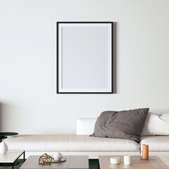 Realistic Interior Render with Wooden Floors, Cozy Sofa, Decorations and Frame Mockups