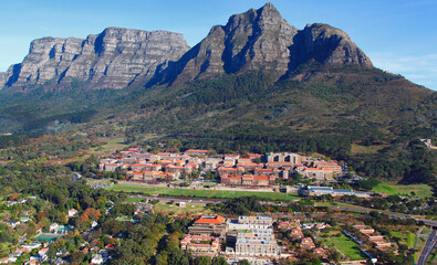 Cape Town, Western Cape / South Africa - 05/19/2011 - Aerial photo of University of Cape Town with Table Mountain in the background