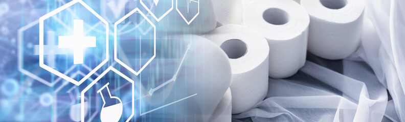 Toilet paper in a roll. Snow-white soft three-layer toilet paper. Lack of hygiene products. Primary protection and disinfection.