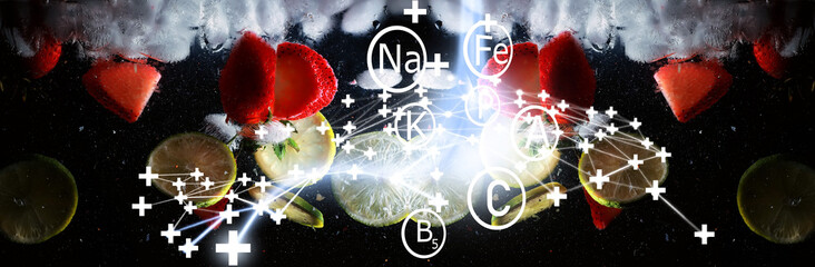 Water drops on ripe sweet fruits and berry. Fresh fruits background with copy space for your text. Vegan concept.