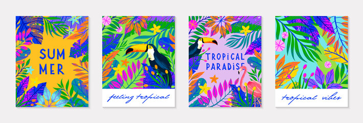 Bundle of summer vector illustration with bright tropical leaves,flowers,toucan.Multicolor plants with hand drawn texture.Exotic backgrounds perfect for prints,flyers,banners,invitations,social media.
