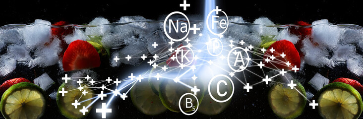 Water drops on ripe sweet fruits and berry. Fresh fruits background with copy space for your text. Vegan concept.