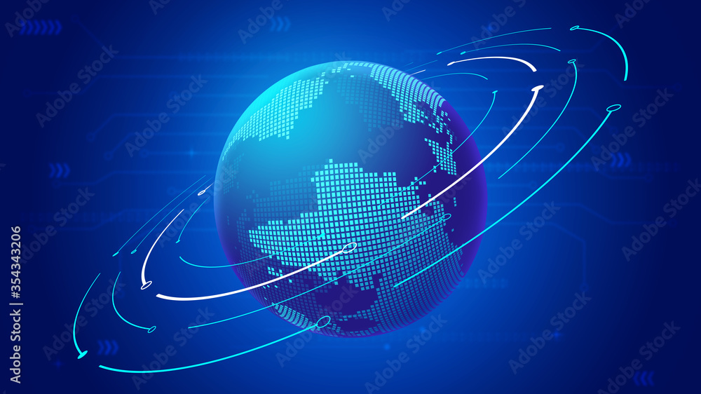 Poster a dotted line linking a polygonal hollow sphere and a pixel globe constitute an internet technology 