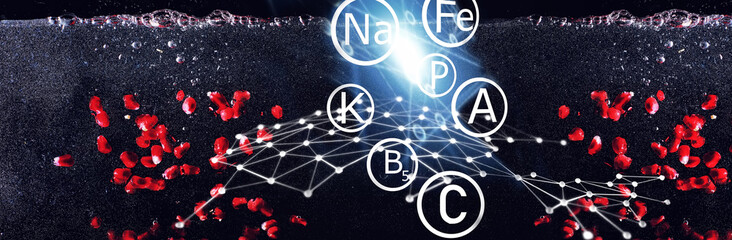 Water drops on ripe sweet pomegranate seeds. Fresh pomegranate background with copy space for your text. Vegan concept.