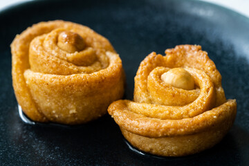 Turkish Rose Dessert with Hazelnut and Sherbet.