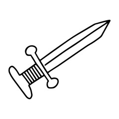 A sword with a handle drawn in the Doodle style.Outline drawing by hand.Cold steel.Dagger.Black and white image.Vector illustration.