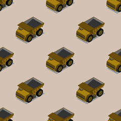 Seamless pattern with clipping mask. 3d large yellow staggered mining trucks