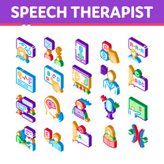 Speech Therapist Help Icons Set Vector. Isometric Speech Therapist Therapy, Alphabet And Blackboard, Phone And Microphone Illustrations