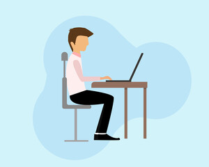Flat design man hard working with laptop computer concept.