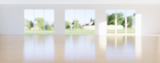 3d rendering of empty room and wood floor shiny reflection with clear glass door in perspective view, clean and new condition use to background.