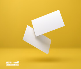 Basic RGBTwo white business cards on a bright yellow background in space. Vector illustration. 3d template for design visualization.