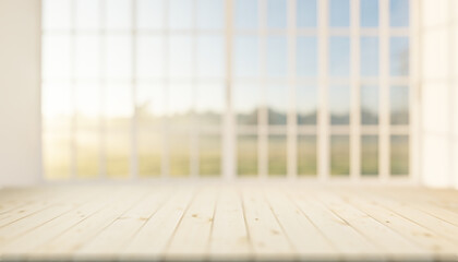 3d rendering of wood countertop product display and blurred window background.