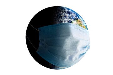 Coronavirus pandemic on planet Earth. Earth in a medical mask on a white background, isolate....