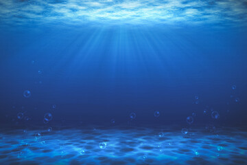 Sunbeam blue with bubbles deep sea or ocean underwater background.